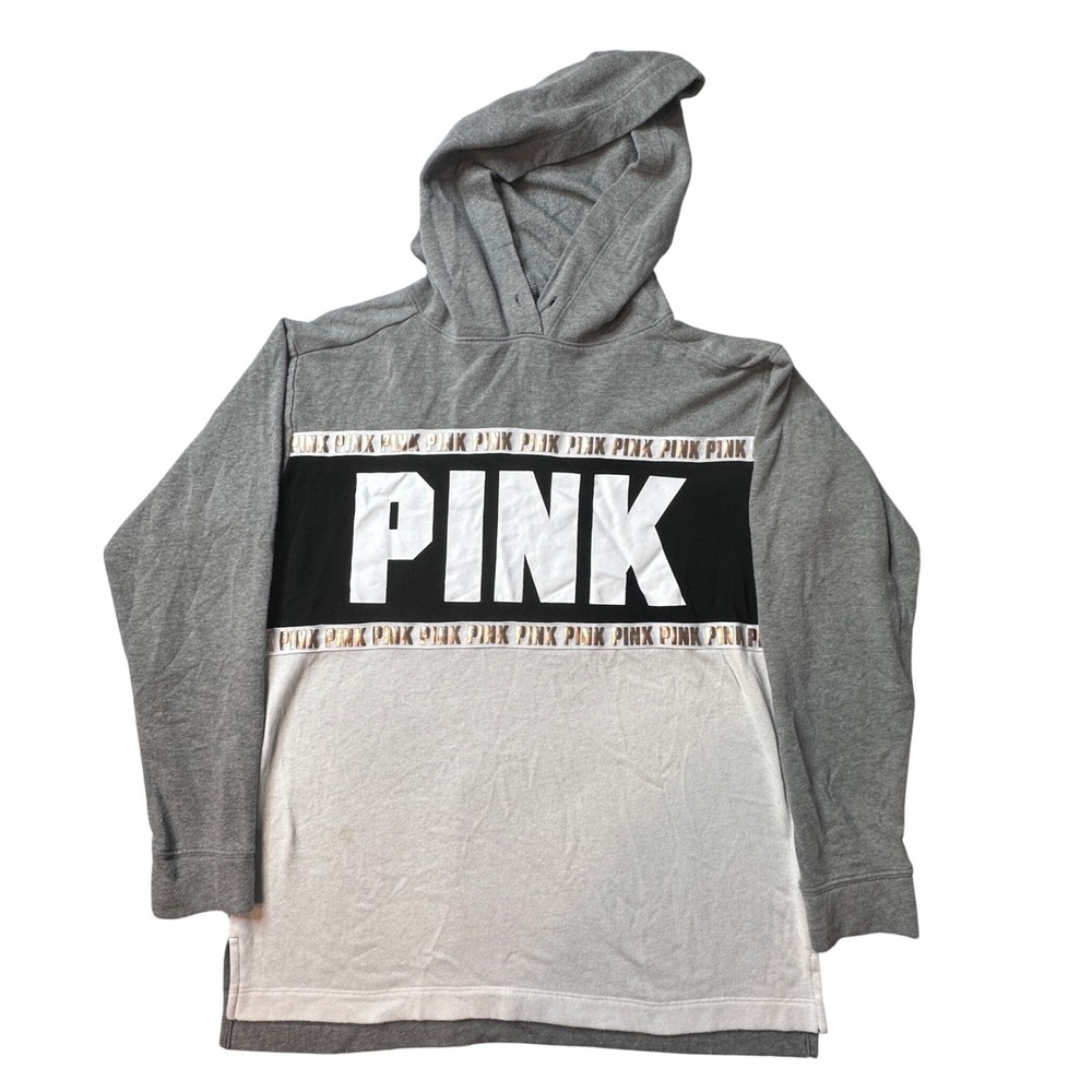 PINK Hoodie Womens XS Grey Colorblock Logo Tape‎ Pullover Fleece 387560-2RR